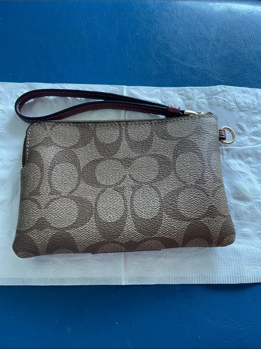Coach Brown Signature Canvas Wristlet with Rose Stripe